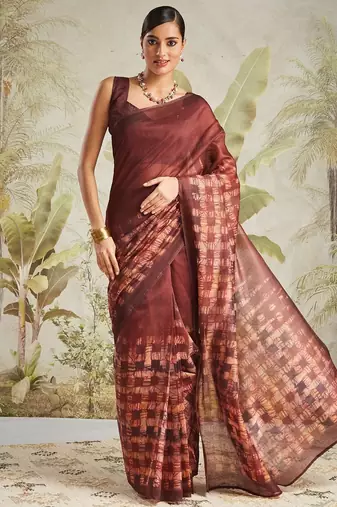 Brown printed blended cotton designer saree with blouse piece