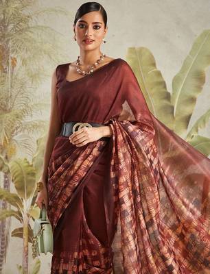 Brown printed blended cotton designer saree with blouse piece 5