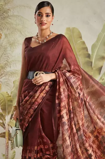 Brown printed blended cotton designer saree with blouse piece