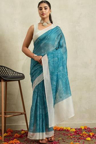 Blue printed blended cotton designer saree with blouse piece
