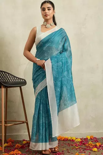Blue printed blended cotton designer saree with blouse piece