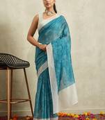 Blue printed blended cotton designer saree with blouse piece