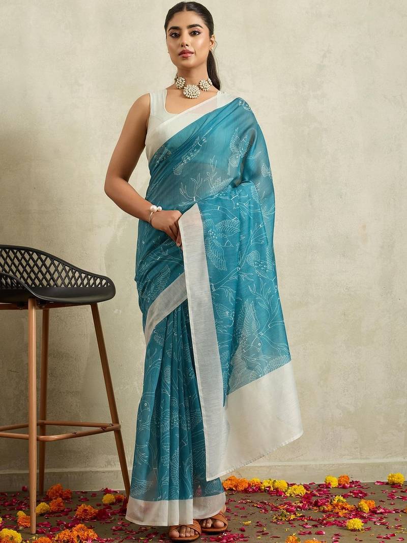 Blue printed blended cotton designer saree with blouse piece
