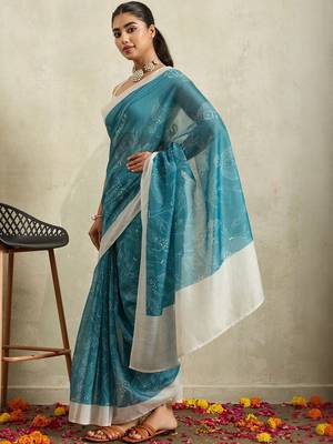 Blue printed blended cotton designer saree with blouse piece 2