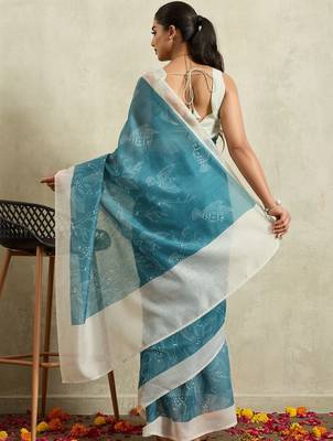 Blue printed blended cotton designer saree with blouse piece 3