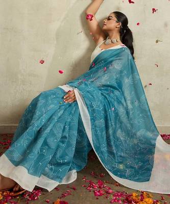 Blue printed blended cotton designer saree with blouse piece 4