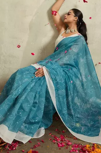 Blue printed blended cotton designer saree with blouse piece