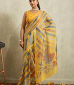 Yellow printed blended cotton designer saree with blouse piece