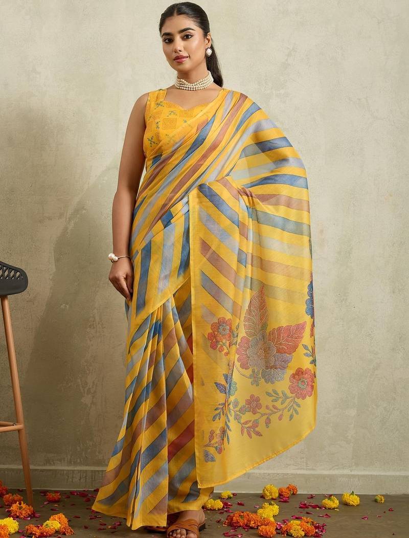 Yellow printed blended cotton designer saree with blouse piece