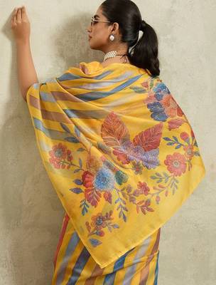 Yellow printed blended cotton designer saree with blouse piece 2