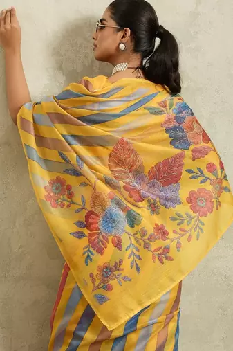 Yellow printed blended cotton designer saree with blouse piece