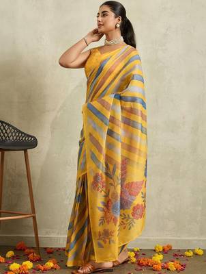 Yellow printed blended cotton designer saree with blouse piece 3