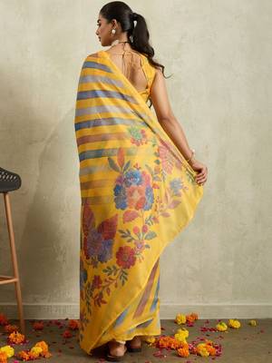 Yellow printed blended cotton designer saree with blouse piece 4