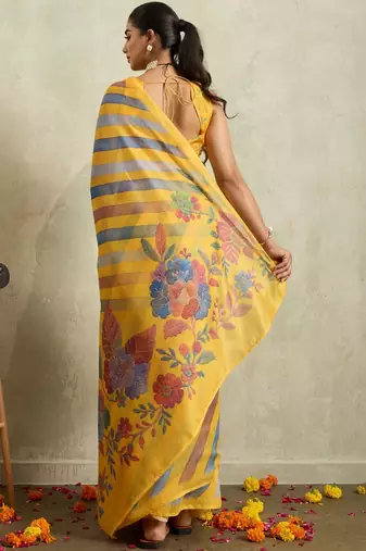 Yellow printed blended cotton designer saree with blouse piece