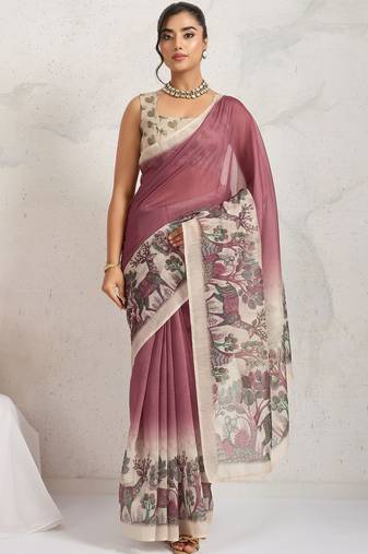 Maroon printed blended cotton designer saree with blouse piece