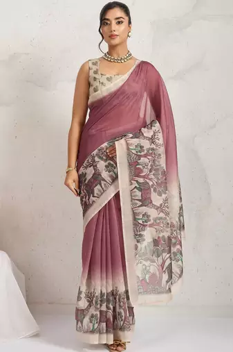 Maroon printed blended cotton designer saree with blouse piece