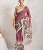 Maroon printed blended cotton designer saree with blouse piece