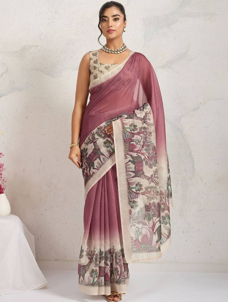 Maroon printed blended cotton designer saree with blouse piece