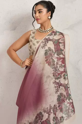 Maroon printed blended cotton designer saree with blouse piece