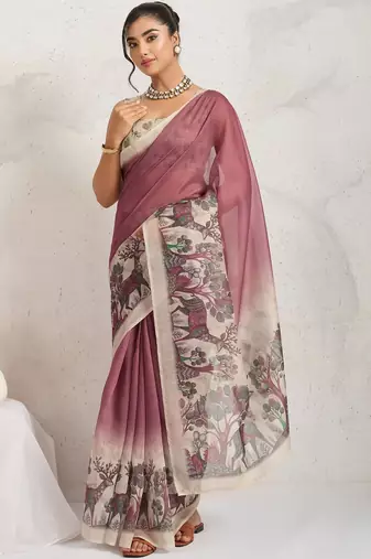 Maroon printed blended cotton designer saree with blouse piece