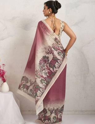 Maroon printed blended cotton designer saree with blouse piece 4