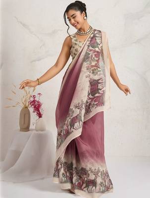 Maroon printed blended cotton designer saree with blouse piece 5
