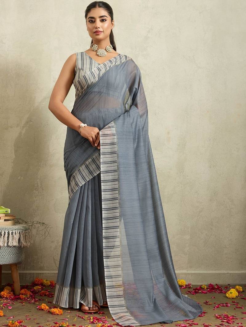 Grey printed blended cotton designer saree with blouse piece