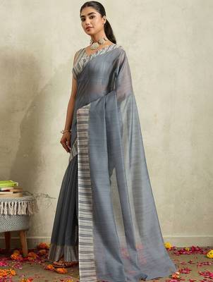 Grey printed blended cotton designer saree with blouse piece 3