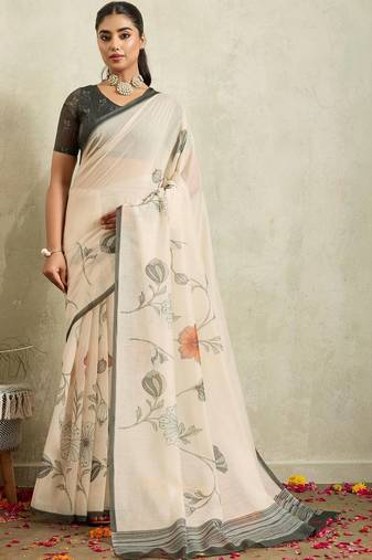 Off white printed blended cotton designer saree with blouse piece