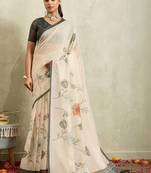 Off white printed blended cotton designer saree with blouse piece