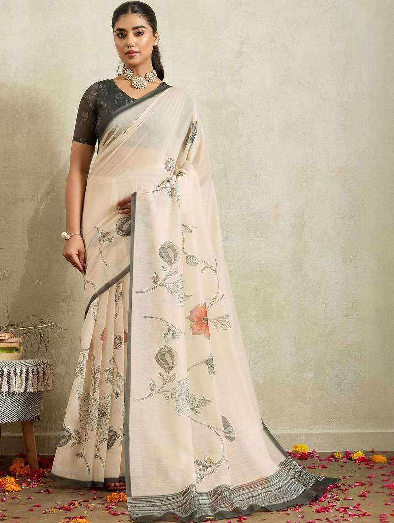 Off white printed blended cotton designer saree with blouse piece