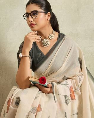 Off white printed blended cotton designer saree with blouse piece 2
