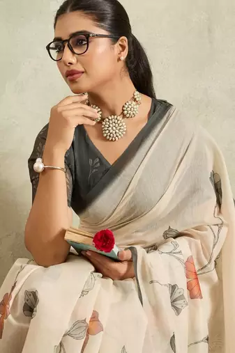 Off white printed blended cotton designer saree with blouse piece