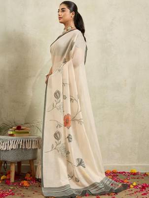 Off white printed blended cotton designer saree with blouse piece 3