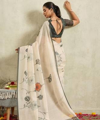 Off white printed blended cotton designer saree with blouse piece 4