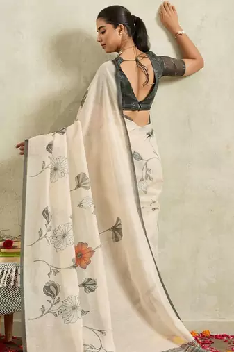 Off white printed blended cotton designer saree with blouse piece
