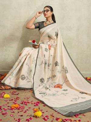 Off white printed blended cotton designer saree with blouse piece 5