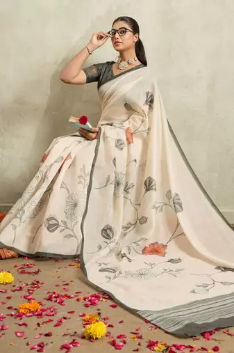Off white printed blended cotton designer saree with blouse piece