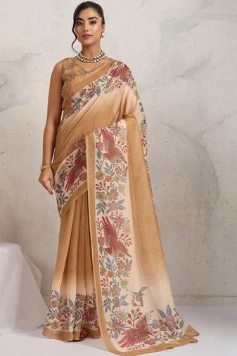 Tan printed blended cotton designer saree with blouse piece