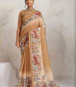 Tan printed blended cotton designer saree with blouse piece