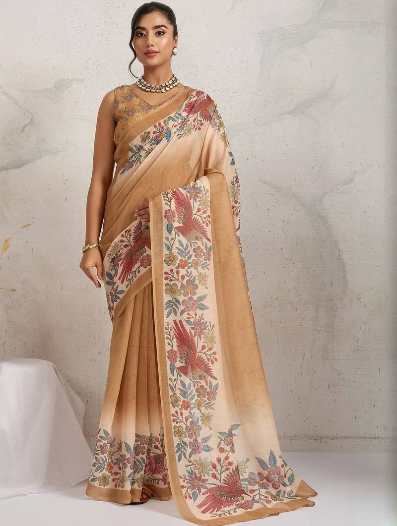 Tan printed blended cotton designer saree with blouse piece