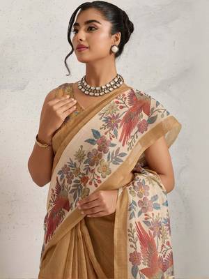 Tan printed blended cotton designer saree with blouse piece 2