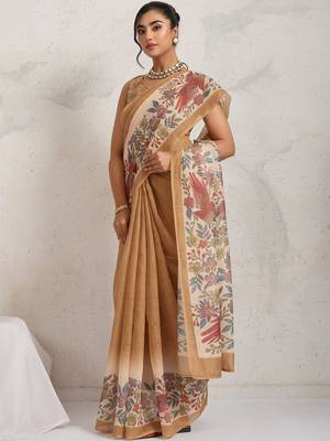 Tan printed blended cotton designer saree with blouse piece 3