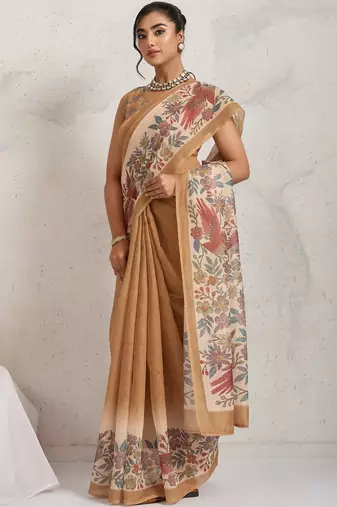 Tan printed blended cotton designer saree with blouse piece