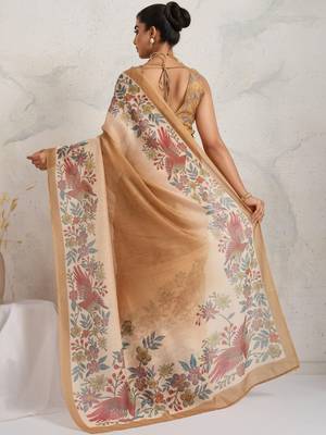 Tan printed blended cotton designer saree with blouse piece 4