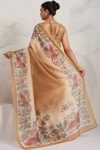 Tan printed blended cotton designer saree with blouse piece