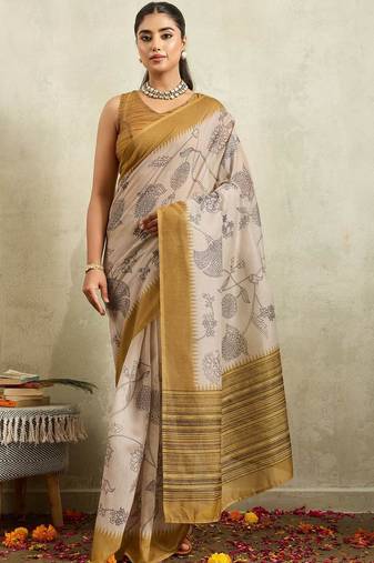 Cream printed blended cotton designer saree with blouse piece