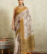 Cream printed blended cotton designer saree with blouse piece