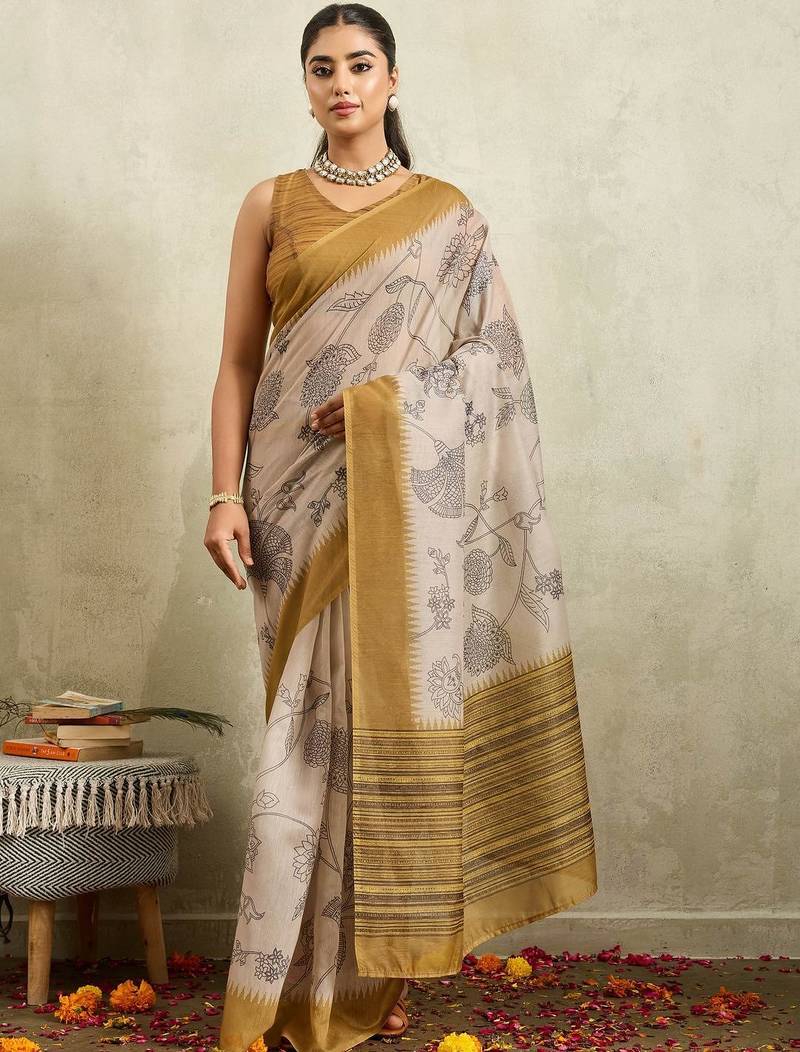 Cream printed blended cotton designer saree with blouse piece