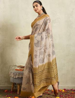 Cream printed blended cotton designer saree with blouse piece 2